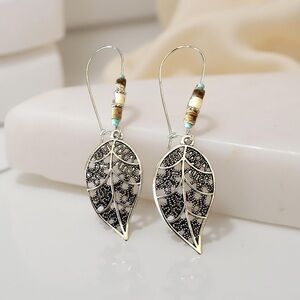 Bohemian Leaf Shaped Silver Tone Hoop Earrings